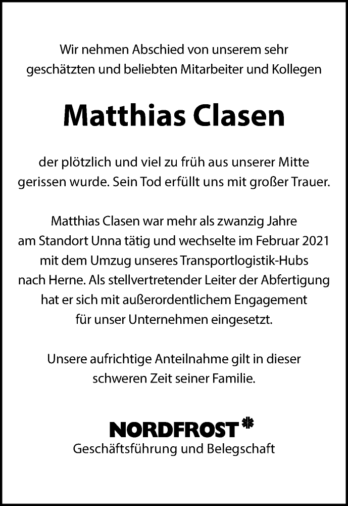  Traueranzeige für Matthias Clasen vom 29.04.2023 aus Hellweger Anzeiger