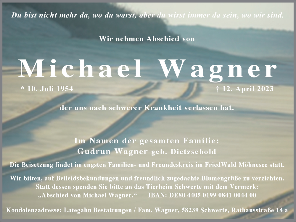  Traueranzeige für Michael Wagner vom 19.04.2023 aus Ruhr Nachrichten