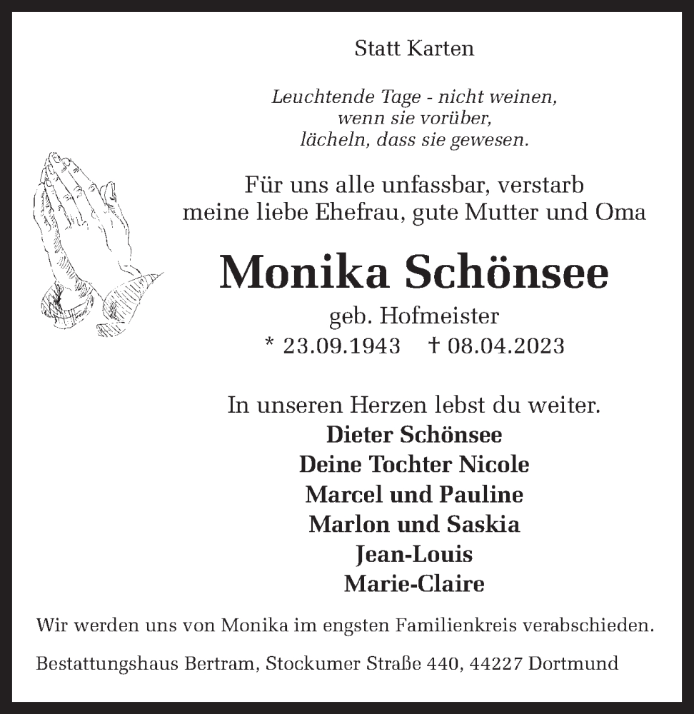  Traueranzeige für Monika Schönsee vom 15.04.2023 aus 