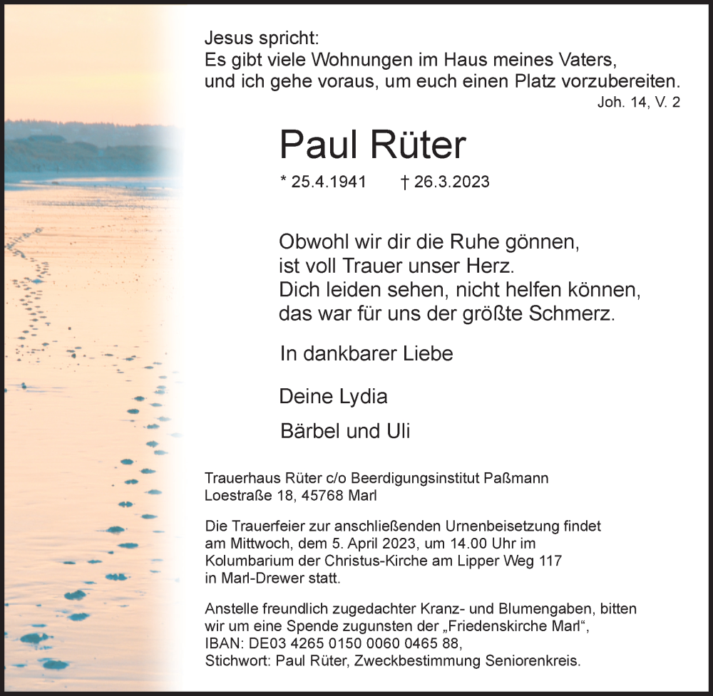  Traueranzeige für Paul Rüter vom 01.04.2023 aus Medienhaus Bauer