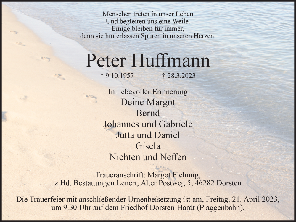  Traueranzeige für Peter Huffmann vom 15.04.2023 aus Ruhr Nachrichten und Dorstener Zeitung