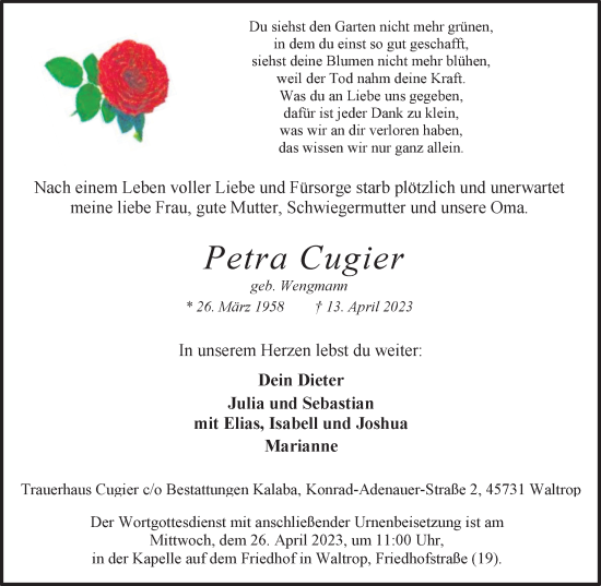 Traueranzeige von Petra Cugier von Medienhaus Bauer