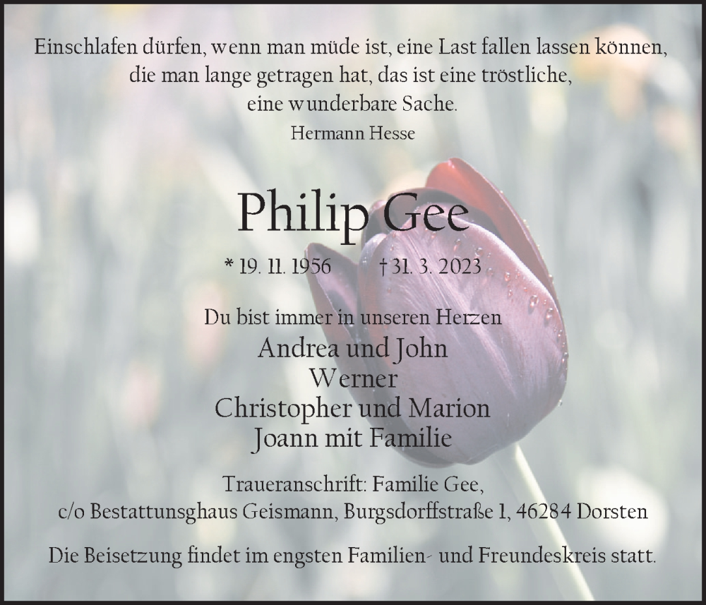  Traueranzeige für Philip Gee vom 12.04.2023 aus Ruhr Nachrichten und Dorstener Zeitung