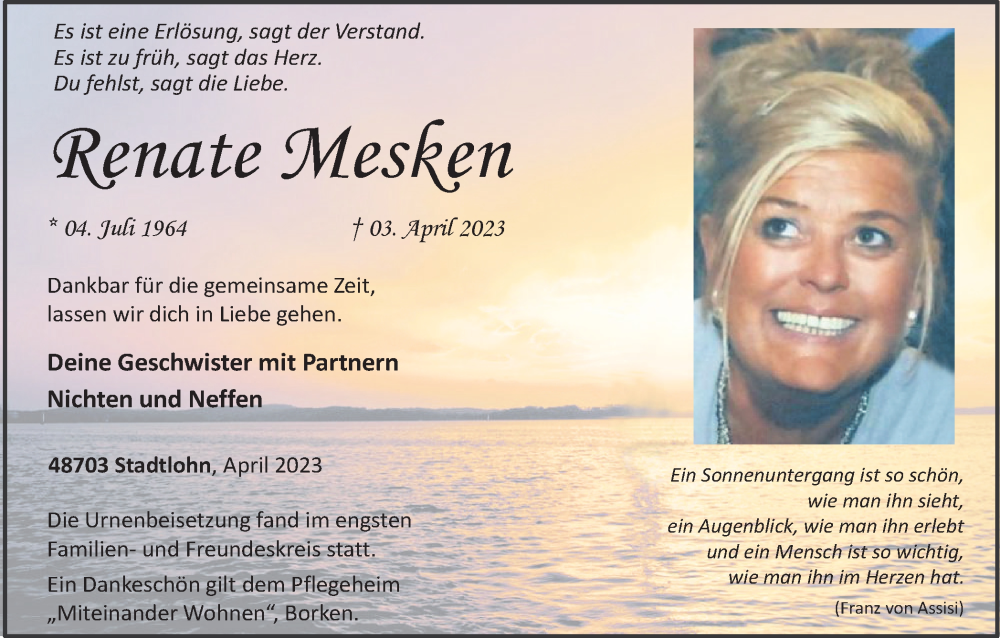  Traueranzeige für Renate Mesken vom 15.04.2023 aus Münstersche Zeitung und Münsterland Zeitung