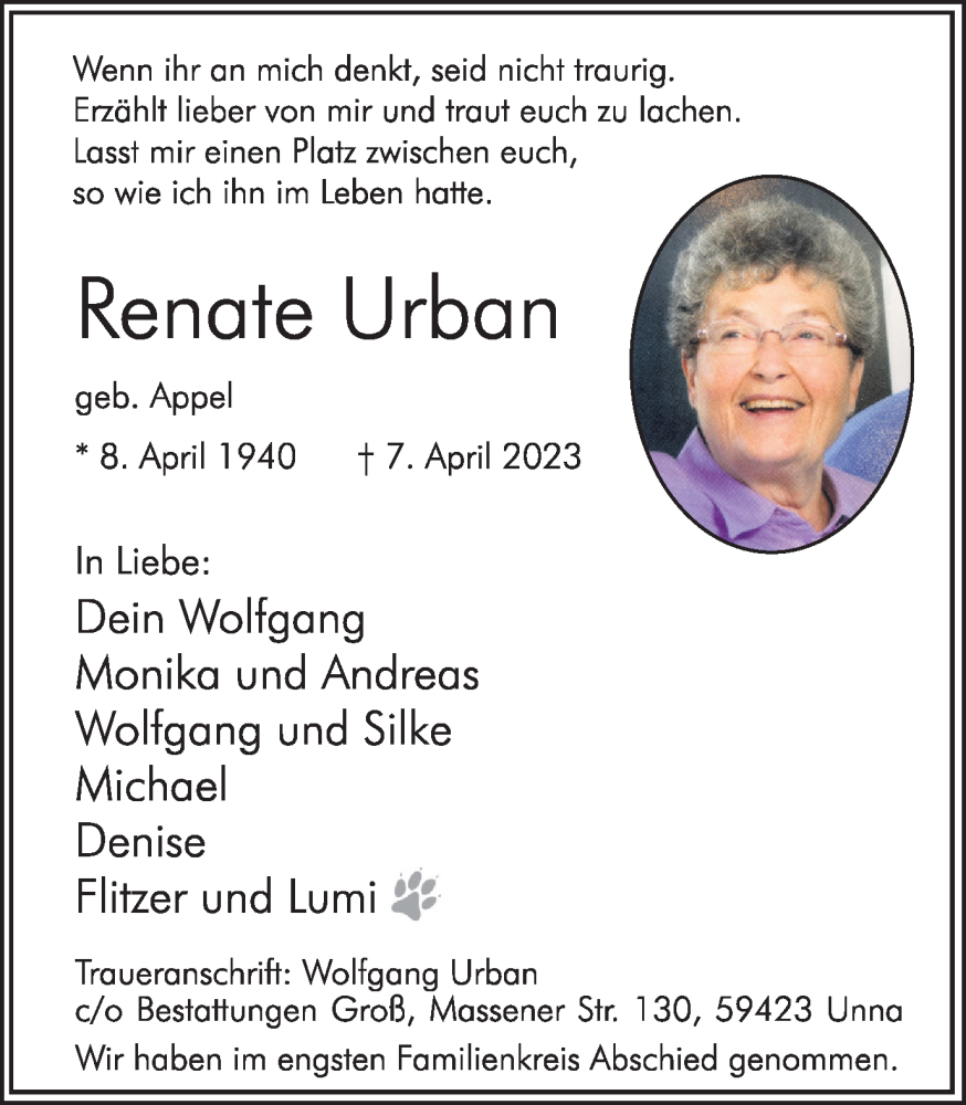  Traueranzeige für Renate Urban vom 13.04.2023 aus Hellweger Anzeiger