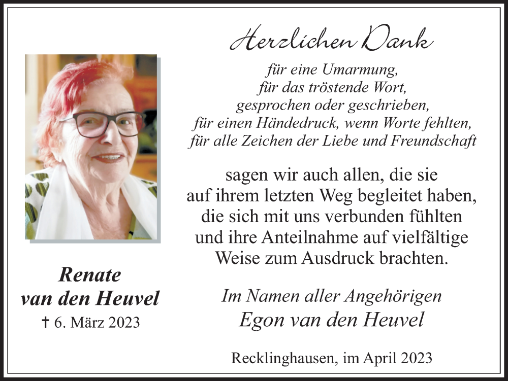  Traueranzeige für Renate van den Heuvel vom 01.04.2023 aus Medienhaus Bauer