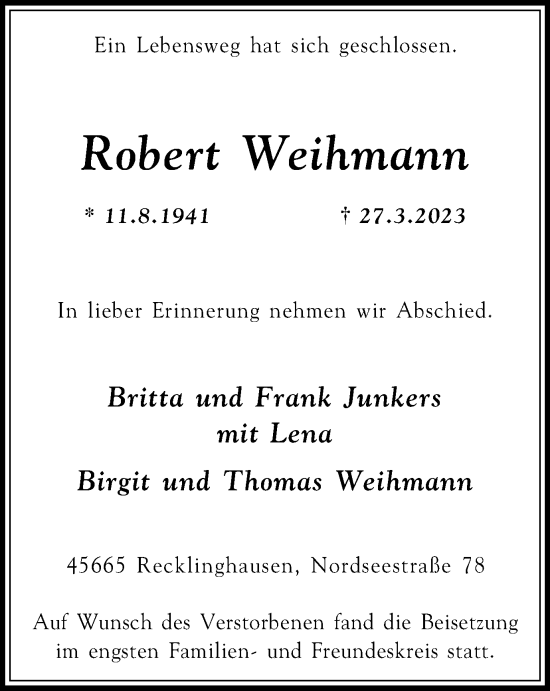 Traueranzeige von Robert Weihmann von Medienhaus Bauer