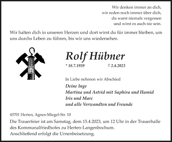 Traueranzeige von Rolf Hübner von Medienhaus Bauer
