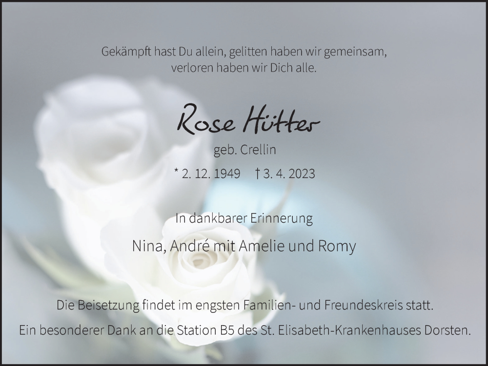  Traueranzeige für Rose Hütter vom 12.04.2023 aus Ruhr Nachrichten und Dorstener Zeitung