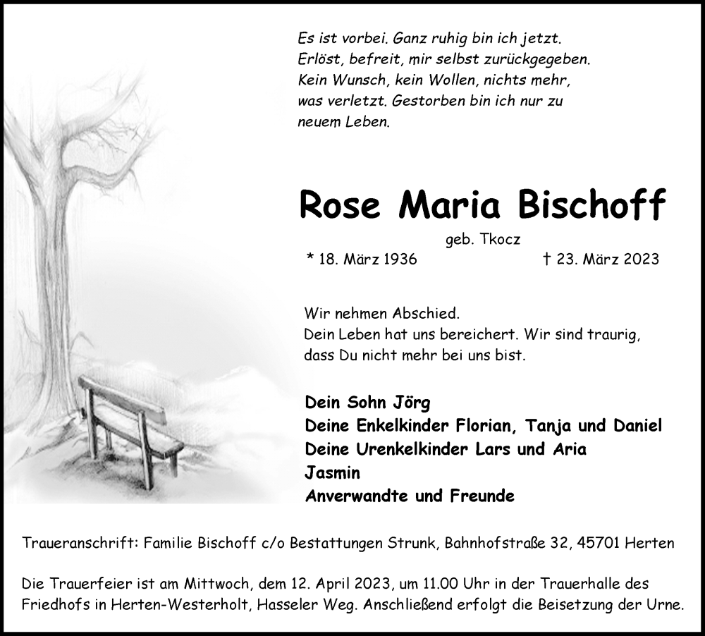  Traueranzeige für Rose Maria Bischoff vom 05.04.2023 aus Medienhaus Bauer