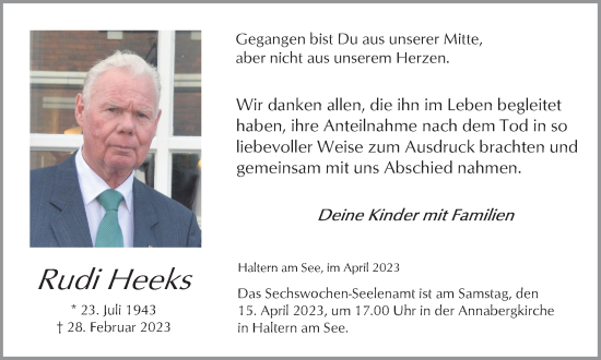 Traueranzeige von Rudi Heeks von Ruhr Nachrichten und Halterner Zeitung
