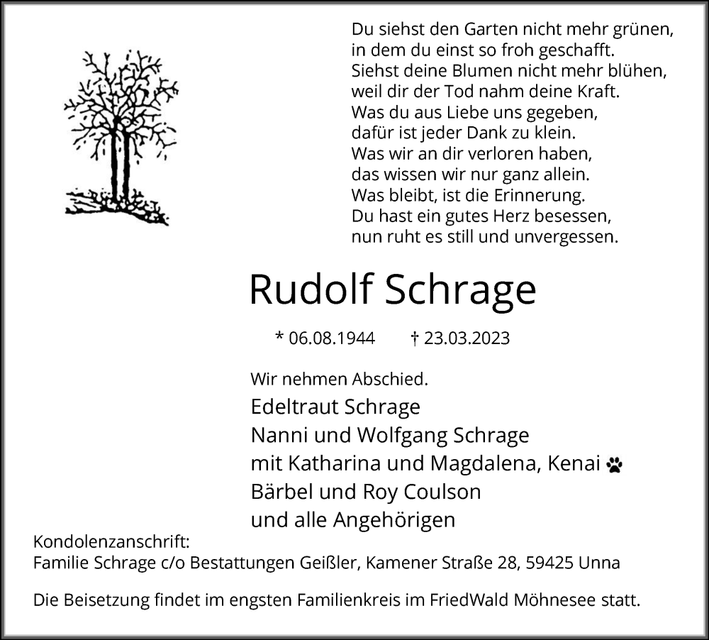  Traueranzeige für Rudolf Schrage vom 01.04.2023 aus Hellweger Anzeiger