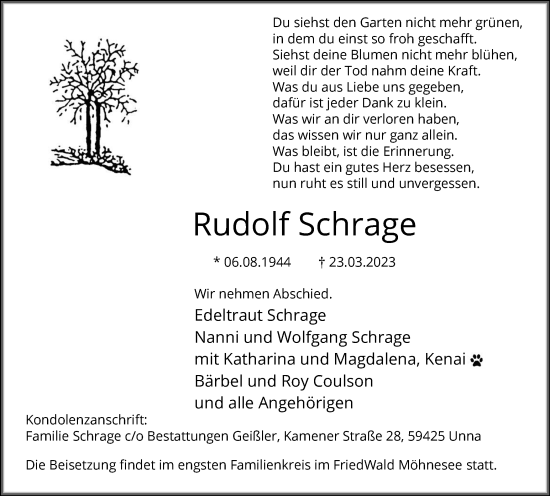 Traueranzeige von Rudolf Schrage von Hellweger Anzeiger