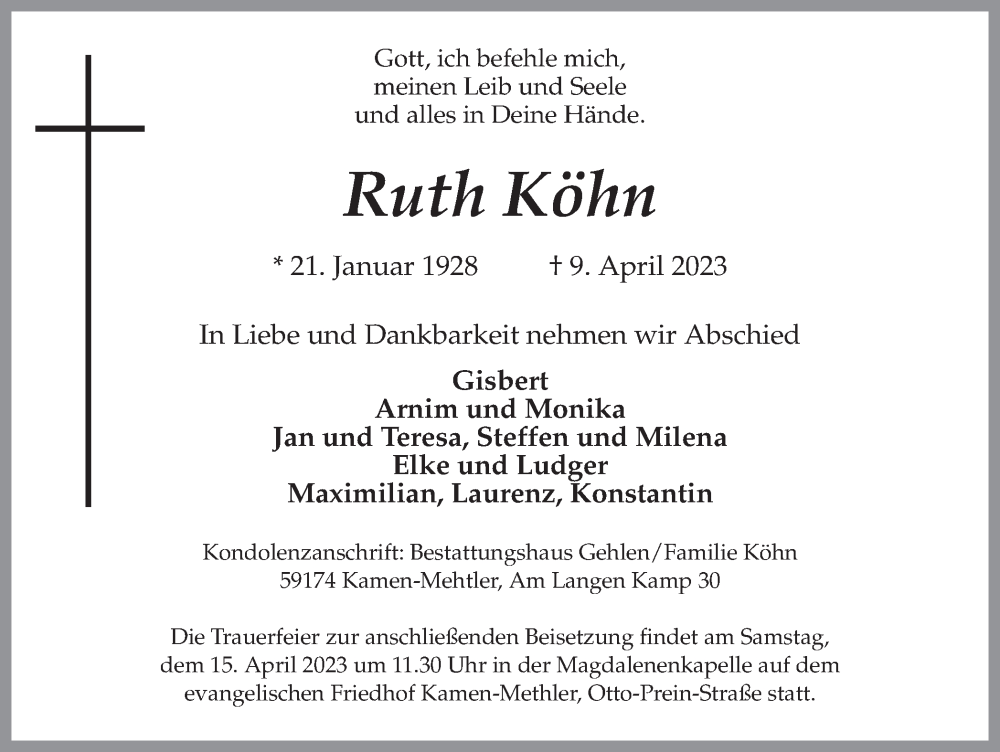 Traueranzeige für Ruth Köhn vom 12.04.2023 aus Hellweger Anzeiger