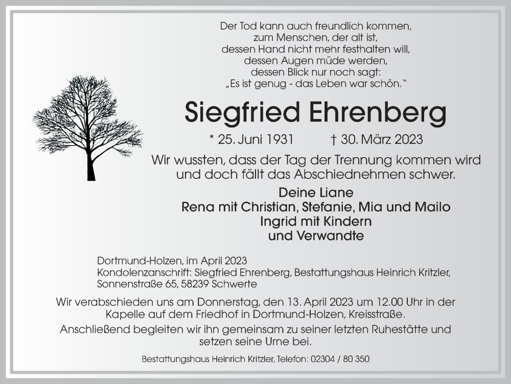  Traueranzeige für Siegfried Ehrenberg vom 01.04.2023 aus 
