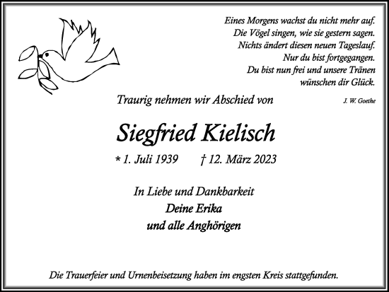 Traueranzeige von Siegfried Kielisch von Medienhaus Bauer