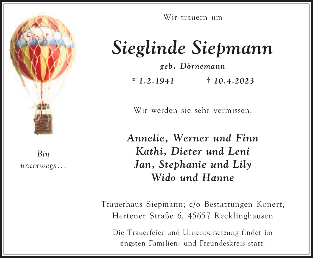  Traueranzeige für Sieglinde Siepmann vom 15.04.2023 aus Medienhaus Bauer