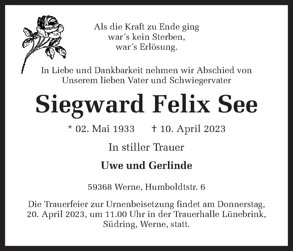  Traueranzeige für Siegward Felix See vom 14.04.2023 aus Ruhr Nachrichten