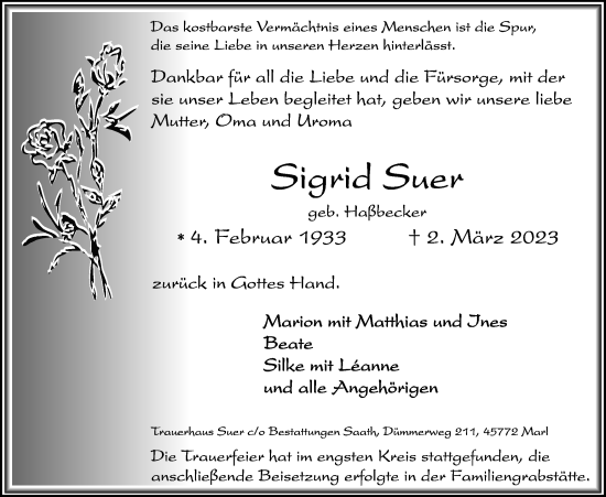 Traueranzeige von Sigrid Suer von Medienhaus Bauer