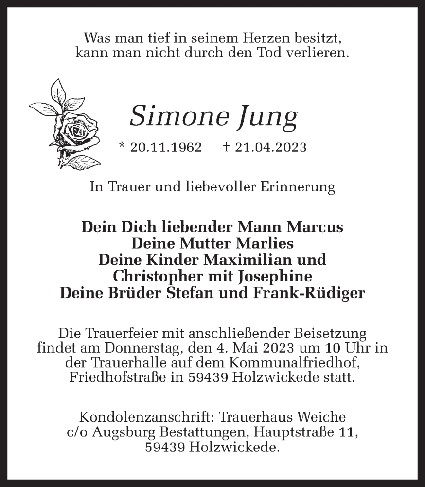  Traueranzeige für Simone Jung vom 29.04.2023 aus Hellweger Anzeiger