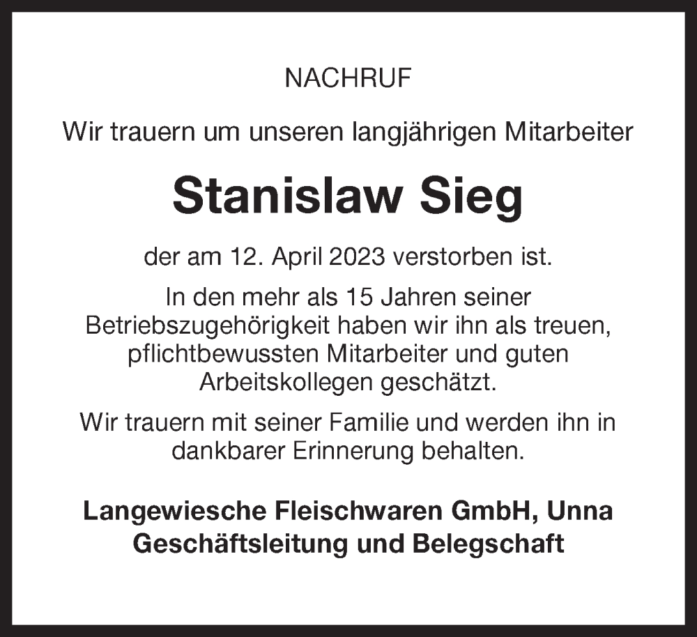  Traueranzeige für Stanislaw Sieg vom 22.04.2023 aus Hellweger Anzeiger