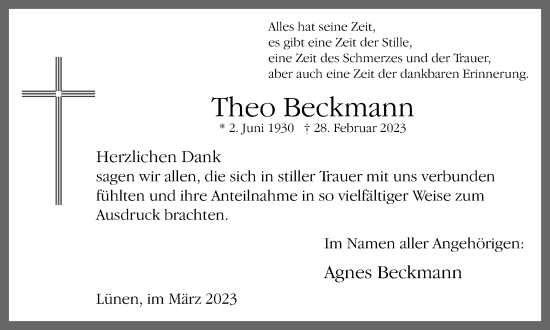 Traueranzeige von Theo Beckmann von Ruhr Nachrichten
