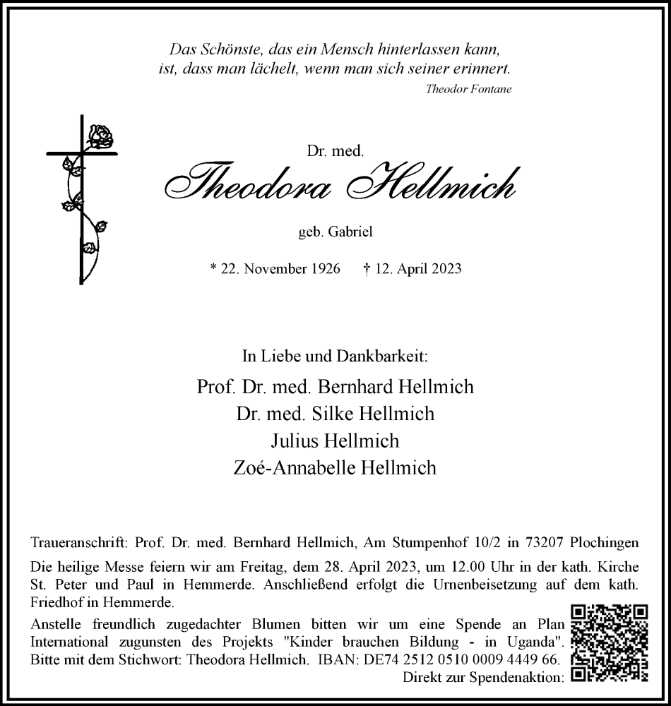  Traueranzeige für Theodora Hellmich vom 22.04.2023 aus Hellweger Anzeiger