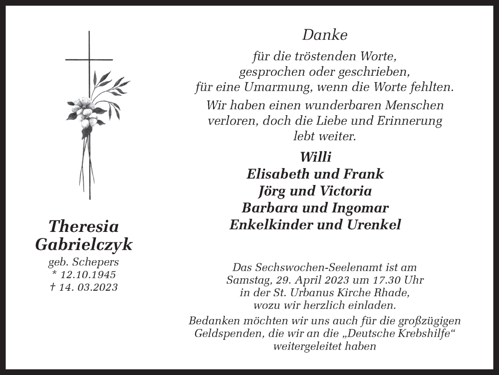  Traueranzeige für Theresia Gabrielczyk vom 26.04.2023 aus Ruhr Nachrichten und Dorstener Zeitung
