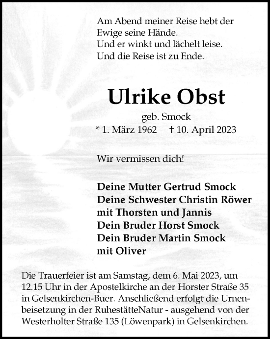 Traueranzeige von Ulrike Obst von Medienhaus Bauer