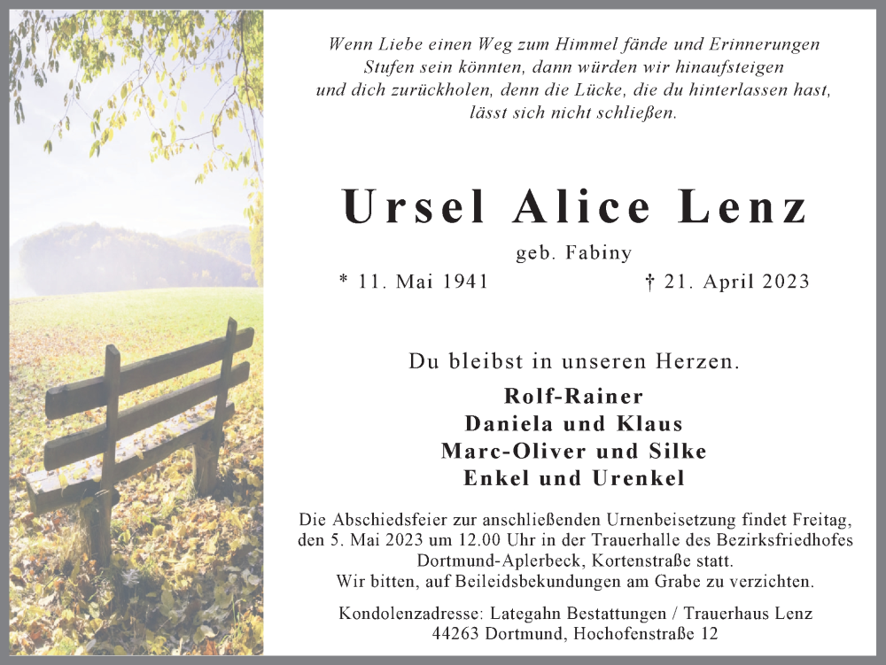  Traueranzeige für Ursel Alice Lenz vom 29.04.2023 aus 
