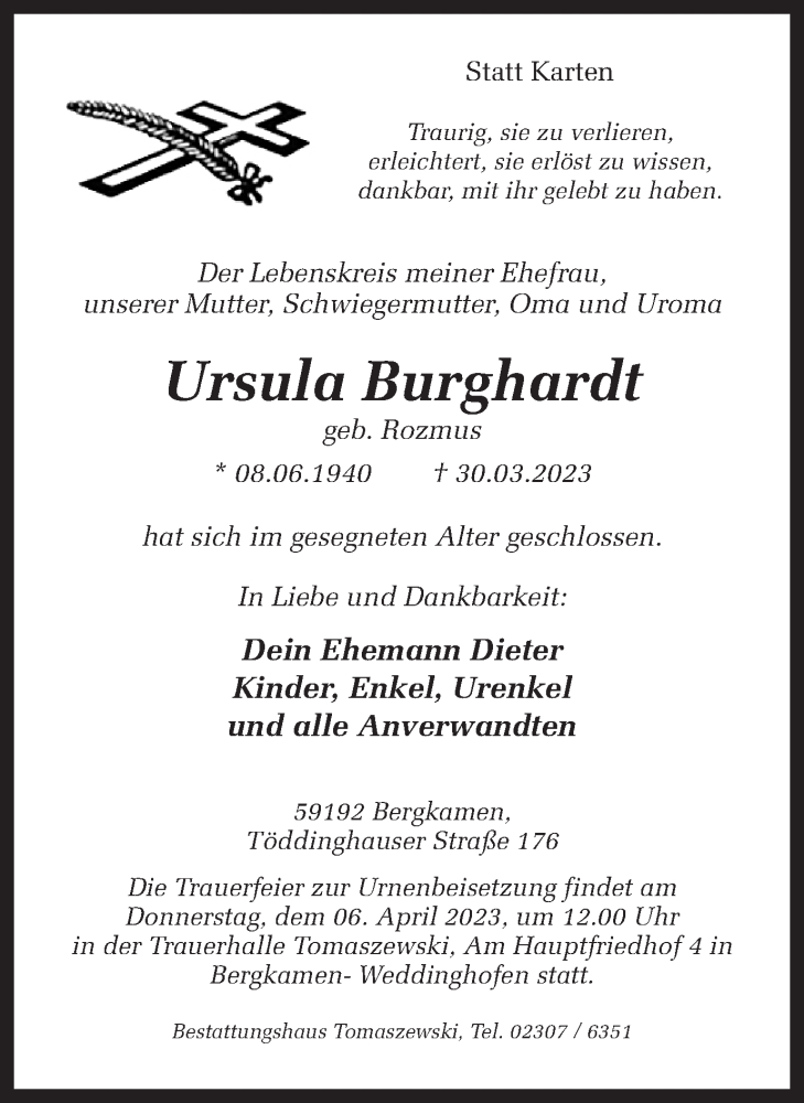  Traueranzeige für Ursula Burghardt vom 01.04.2023 aus Hellweger Anzeiger