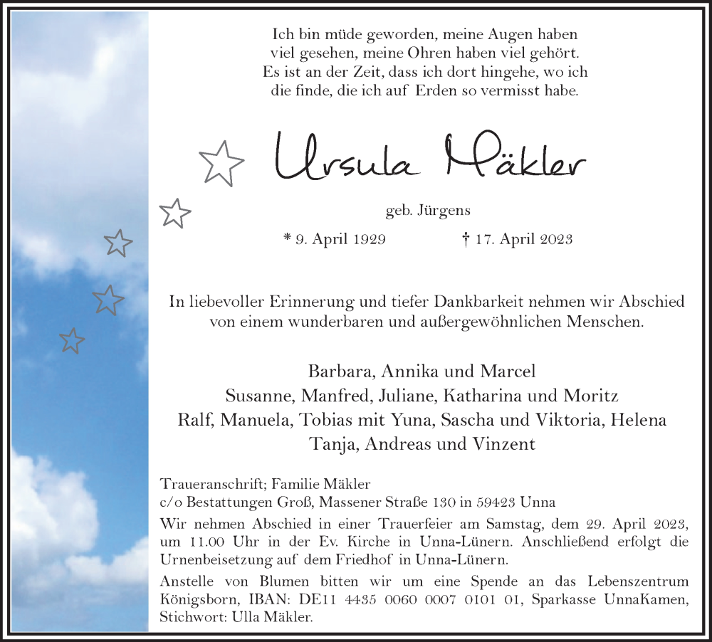  Traueranzeige für Ursula Mäkler vom 22.04.2023 aus Hellweger Anzeiger