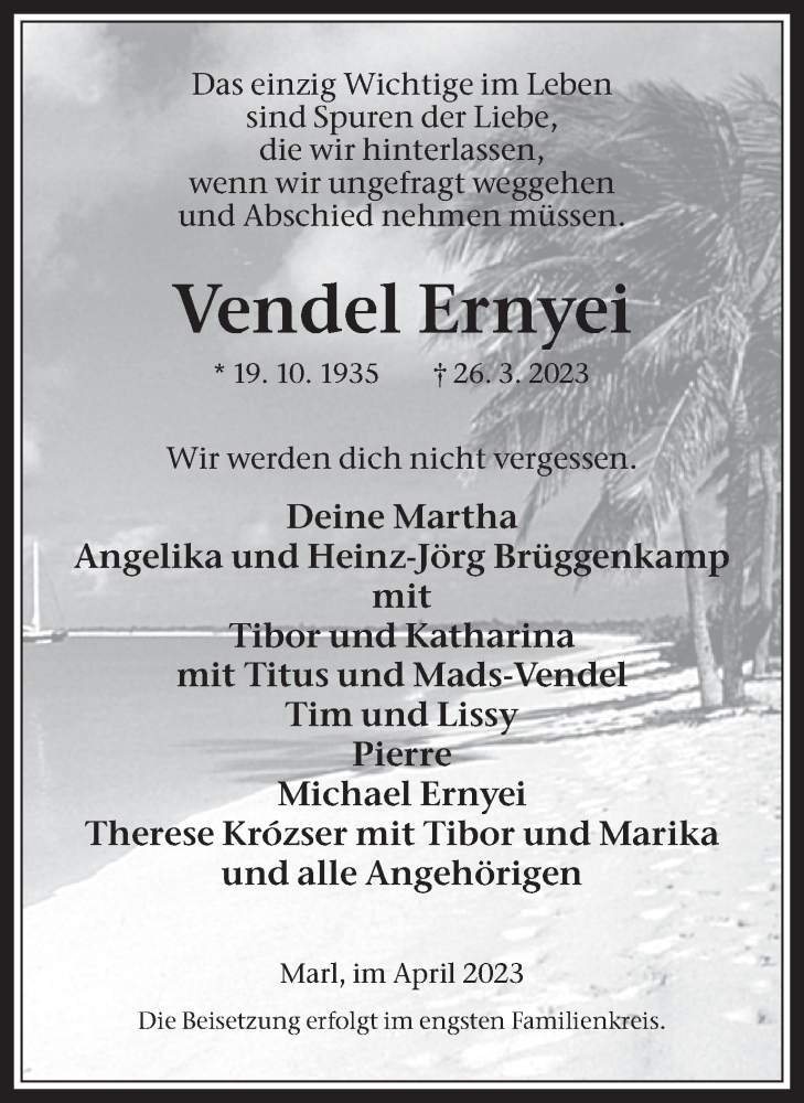  Traueranzeige für Vendel Ernyei vom 01.04.2023 aus Medienhaus Bauer