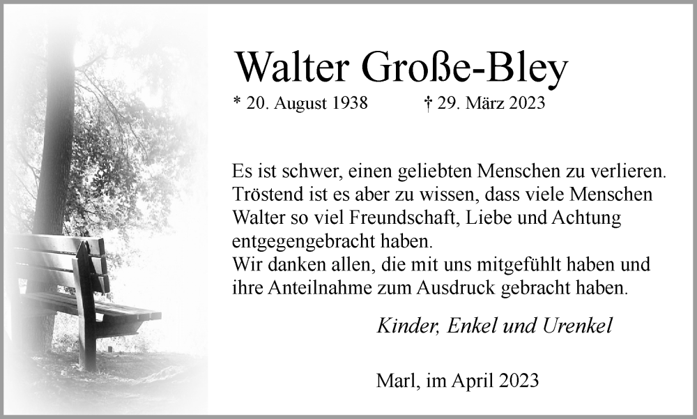  Traueranzeige für Walter Große-Bley vom 29.04.2023 aus Medienhaus Bauer