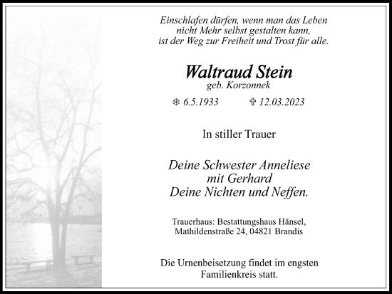 Traueranzeige von Waltraud Stein von Medienhaus Bauer