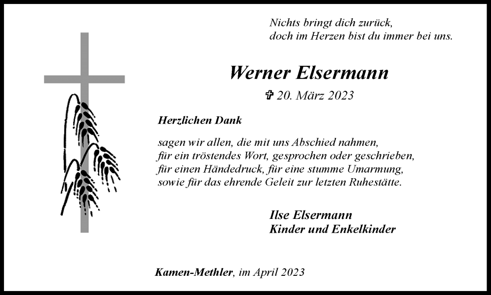  Traueranzeige für Werner Elsermann vom 27.04.2023 aus Hellweger Anzeiger
