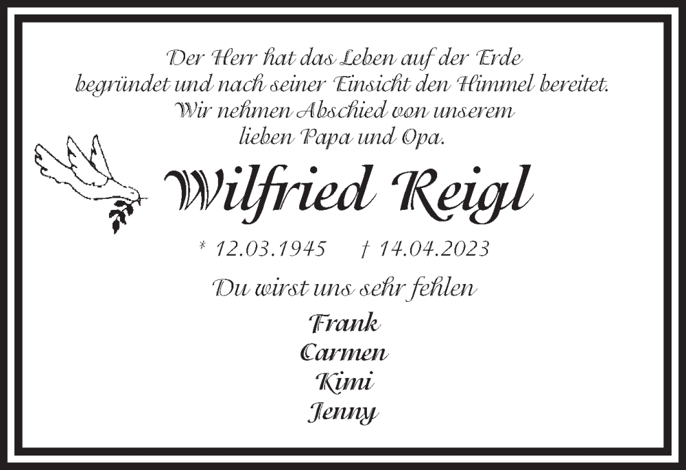  Traueranzeige für Wilfried Reigl vom 18.04.2023 aus 