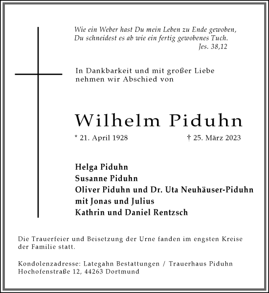 Traueranzeige von Wilhelm Piduhn 