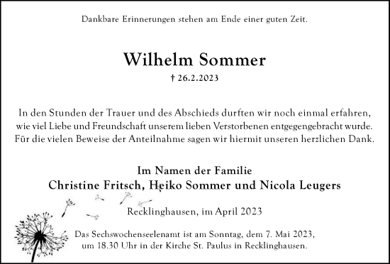 Traueranzeige von Wilhelm Sommer von Medienhaus Bauer