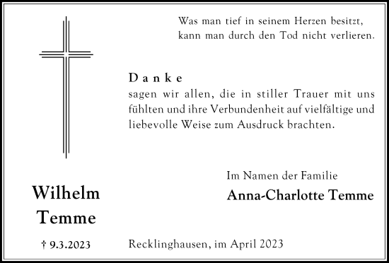 Traueranzeige von Wilhelm Temme von Medienhaus Bauer