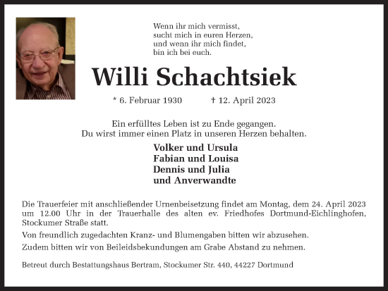 Traueranzeige von Willi Schachtsiek 