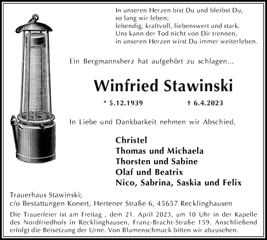 Traueranzeige von Winfried Stawinski von Medienhaus Bauer