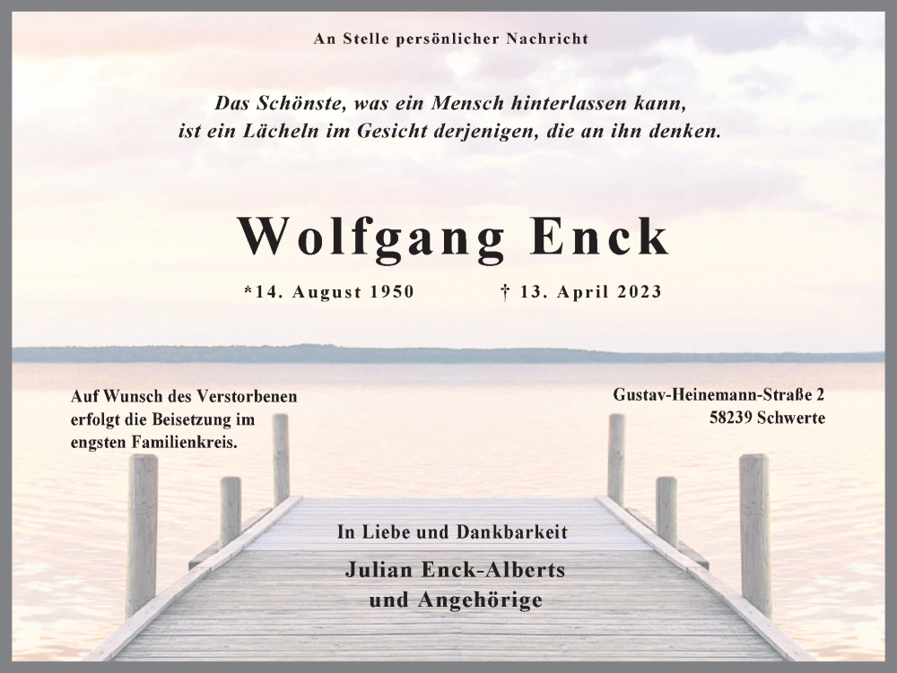  Traueranzeige für Wolfgang Enck vom 29.04.2023 aus Ruhr Nachrichten
