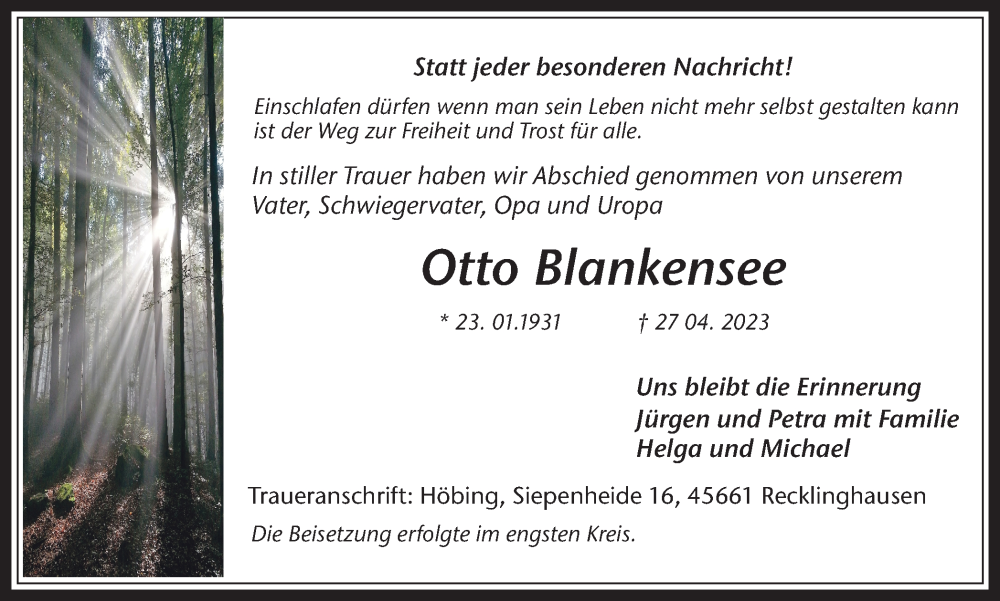  Traueranzeige für Otto Blankensee vom 24.05.2023 aus Medienhaus Bauer