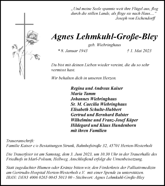 Traueranzeige von Agnes Lehmkuhl-Große-Bley
