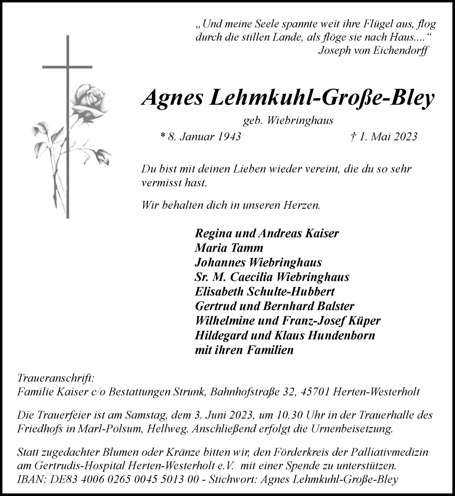  Traueranzeige für Agnes Lehmkuhl-Große-Bley vom 26.05.2023 aus Ruhr Nachrichten und Halterner Zeitung
