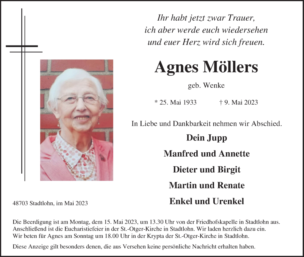  Traueranzeige für Agnes Möllers vom 12.05.2023 aus Münstersche Zeitung und Münsterland Zeitung