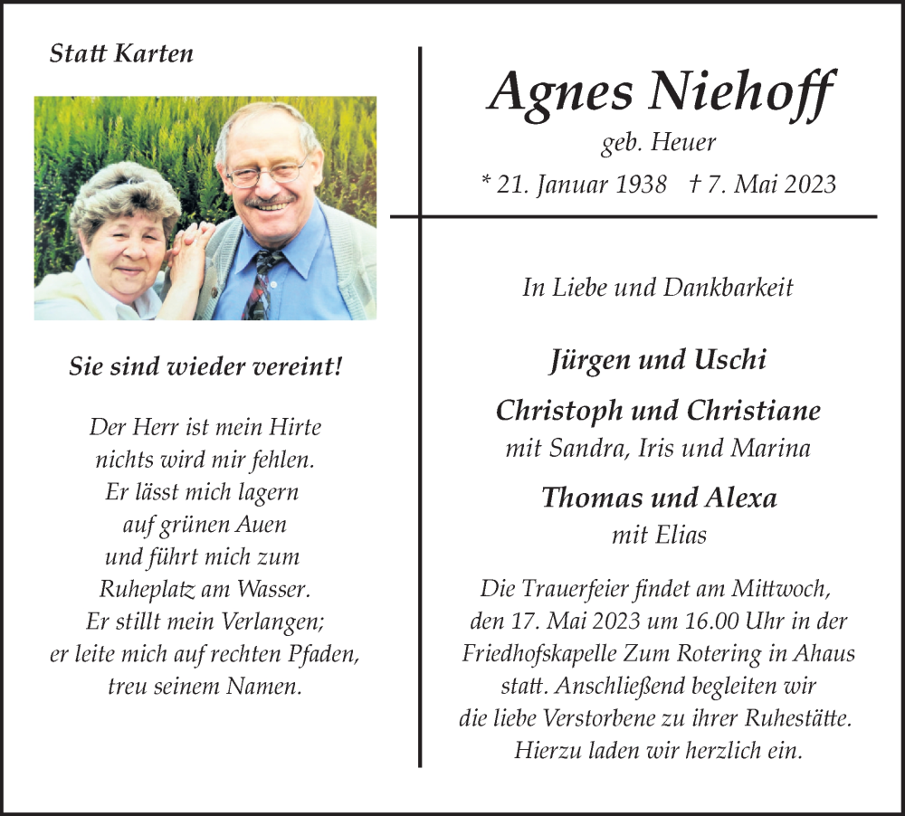  Traueranzeige für Agnes Niehoff vom 13.05.2023 aus Münstersche Zeitung und Münsterland Zeitung