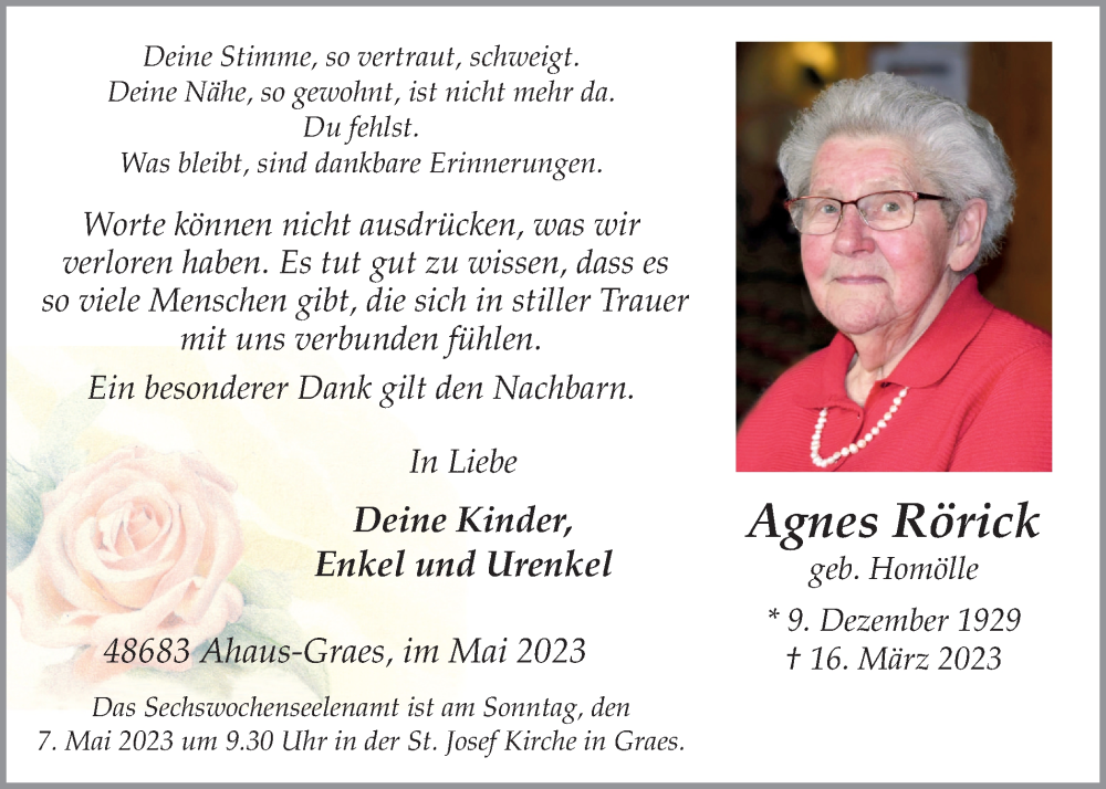  Traueranzeige für Agnes Rörick vom 03.05.2023 aus Münstersche Zeitung und Münsterland Zeitung
