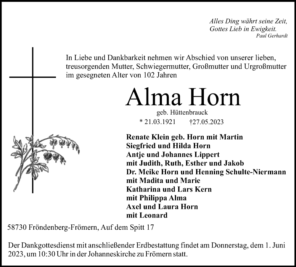  Traueranzeige für Alma Horn vom 30.05.2023 aus Hellweger Anzeiger